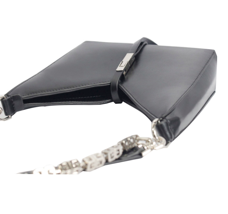 經典黑色時尚v型開口斜跨單肩女包